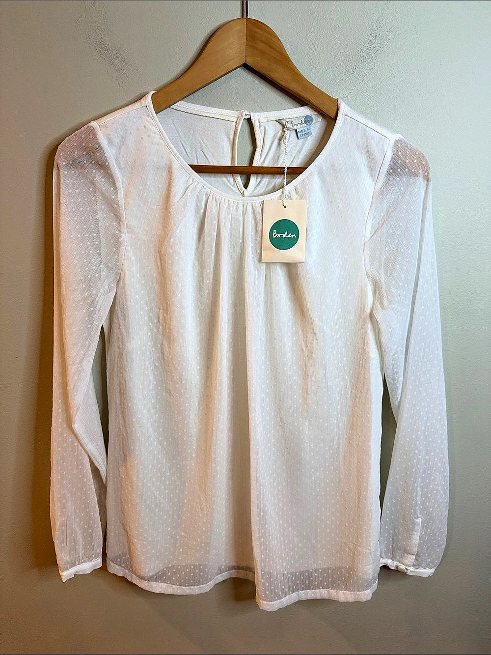 Boden Polka Dot Long Sleeve Blouse in White Size 4 NWT